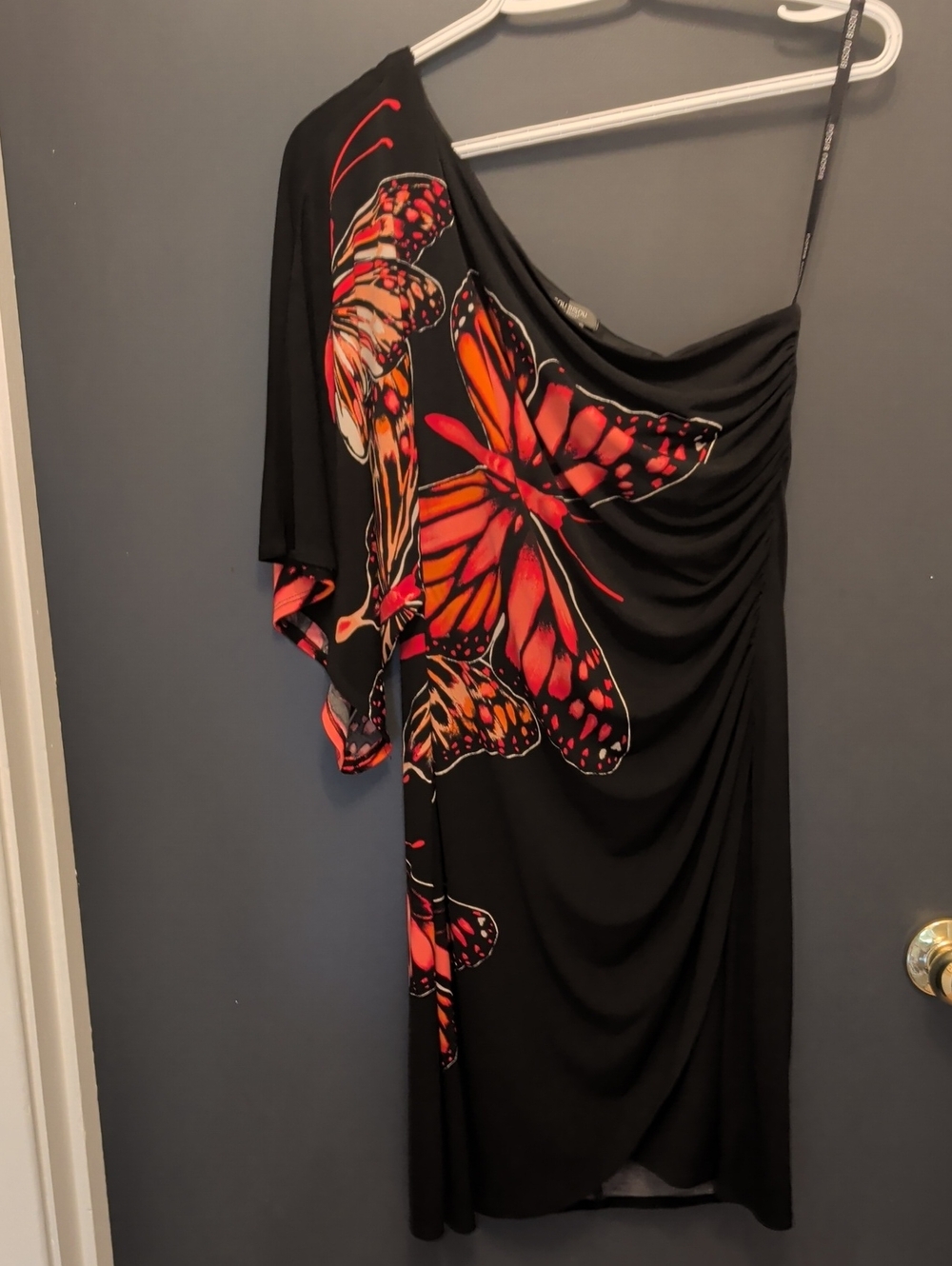 Bisou Bisou Black One-Shoulder Dress with Red-Orange Butterfly Print
